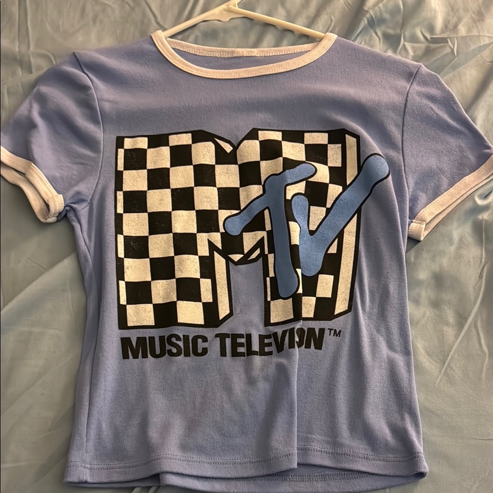 MTV Blue and Black Crop Top with Checkered Graphic